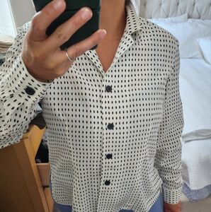 Cream And Black Polka Dot Silk Button-down Blouse